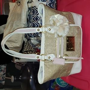 Coach Poppy #L1069-16706 Summer Raffia Champagne Gold with Leather Trim Tote